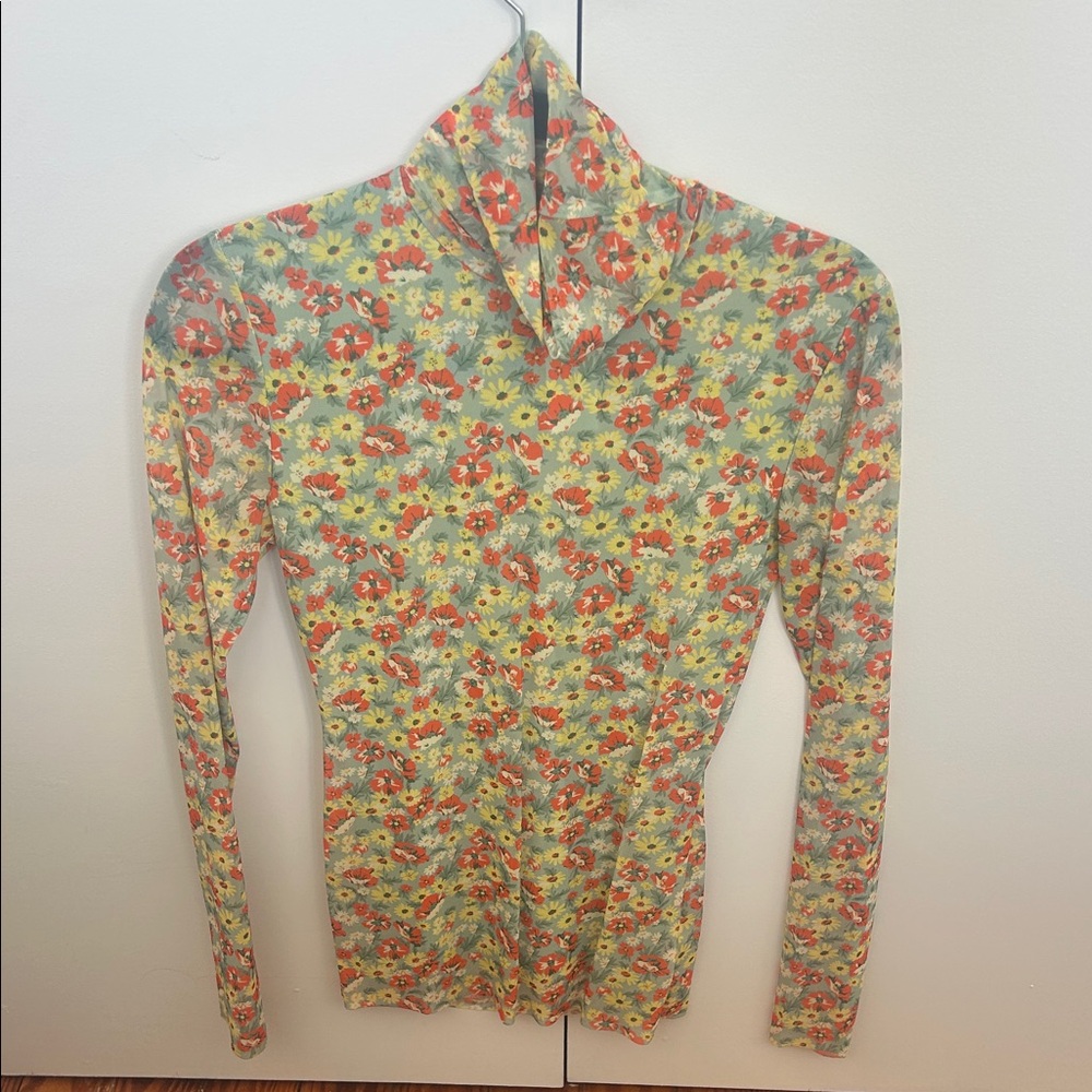 Ganni Floral Mesh Long Sleeve Top - Olive Green, Orange, Yellow